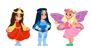 girl costume vector. kid fun, happy carnival, princess, hero, fairy halloween carnival children girl costume character. people flat cartoon illustration