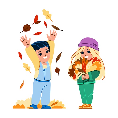 kid autumn leaves vector. fall park girl boy, yellow leaves, outside fun, little cute baby kid autumn leaves character. people flat cartoon illustration