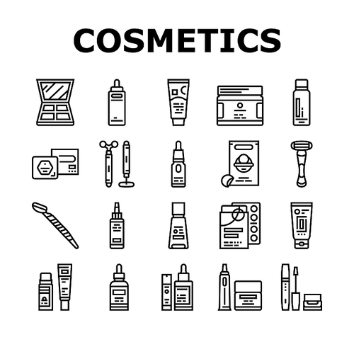 Cosmetics For Visage Skin Treat Icons Set Vector. Eyeshadow Palette And Face Oil, Solid Shampoo And Body Butter, Firming Serum And Mattifying Cream Skincare Cosmetics Black Contour Illustrations