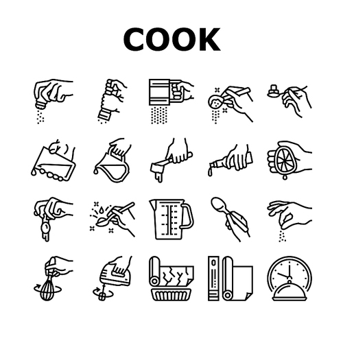 Cook Instruction For Prepare Meal Icons Set Vector. Butter And Milk Add, Salt And Pepper Flavoring, Beater Whisk And Mixer Device Beating, Adding Lemon Juice And Egg Black Contour Illustrations