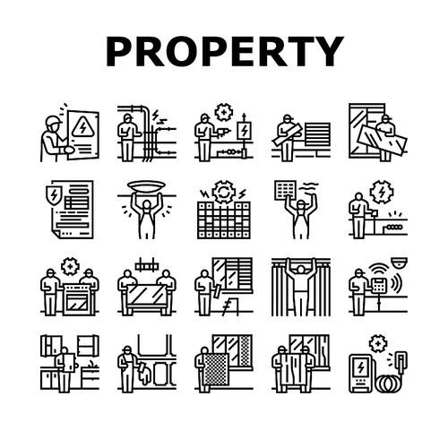 Property Maintenance And Repair Icons Set Vector. Property Furniture Fixing And Electronic Appliance Installation, Kitchen Refurbishment, Windscreen Repairing Replacement Black Contour Illustrations