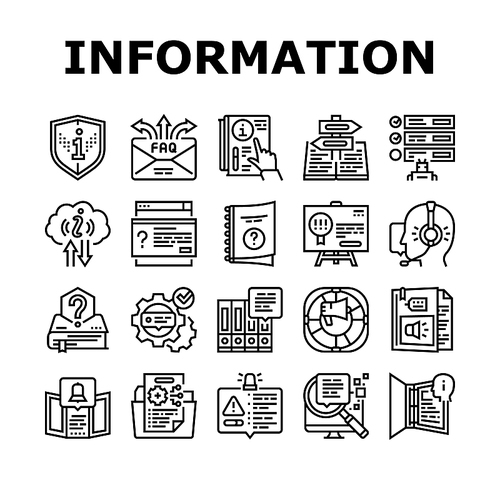 Information And Client Supporting Icons Set Vector. Brochure With Important Information And Call Service Support Or Advice, Guidance Help, Handbook Literature Manual Book Black Contour Illustrations