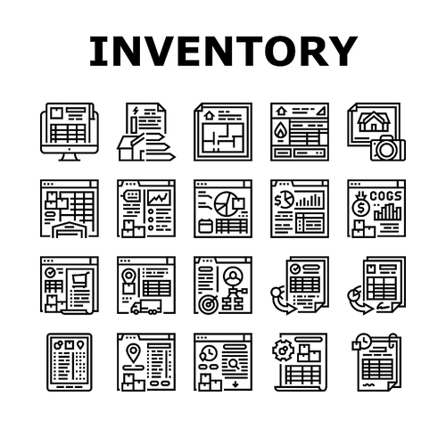 Inventory Analytics And Report Icons Set Vector. Inventory Movement Pending And History Reporting, Gas Safety And Energy Performance Certificates, Sales And Purchase Black Contour Illustrations