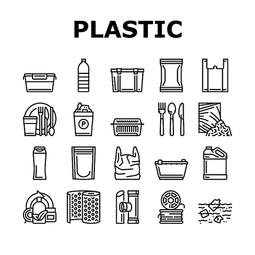 Plastic Accessories And Utensil Icons Set Vector. Plastic Food Container And Tableware, Shampoo Bottle And Canister, Used Polyethylene Bag And Pouch, Spoon And Fork Black Contour Illustrations
