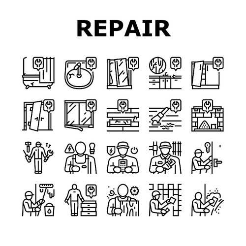 Repair Furniture And Building Icons Set Vector. Repair Door And Bath, Repairing Kitchen Worktop And Fireplace, Locksmith And Carpenter, Electrician Plasterer Worker Builder Black Contour Illustrations