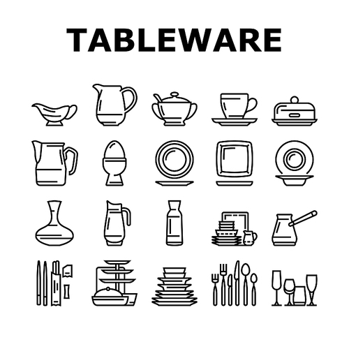Tableware For Banquet Or Dinner Icons Set Vector. Plate For Meal And Cup For Drink, Spoon And Fork, Glass Carafe Decanter For Water Tableware. Kitchen Utensil Accessories Black Contour Illustrations