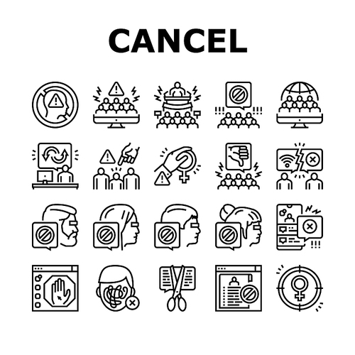 Cancel Culture And Discrimination Icons Set Vector. Cancel Male And Female Person, Backlash People And Social Boycott Problem, Harassment And Sexism Society Reaction Black Contour Illustrations