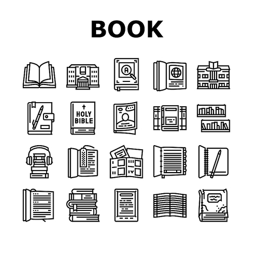 Book Educational Literature Read Icons Set Vector. Book Library Bookshelf And Bookmark Accessory, Notebook For Writing Task And Diary, E-book Device And Audiobook Black Contour Illustrations