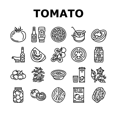 Tomato Natural Vitamin Vegetable Icons Set Vector. Tomato Soup And Salad Meal, Cooking Delicious Dish Food From Bio Ingredient, Ketchup And Sauce, Juice Drink And Paste Black Contour Illustrations