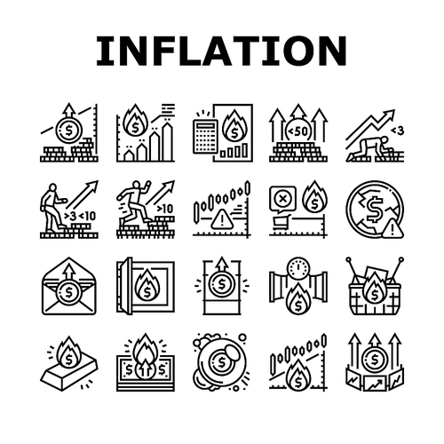 Inflation Financial World Problem Icons Set Vector. Core And Rate Inflation, Stagflation Online Market And Finance Hyperinflation, Deflation Money And Food Asset Black Contour Illustrations