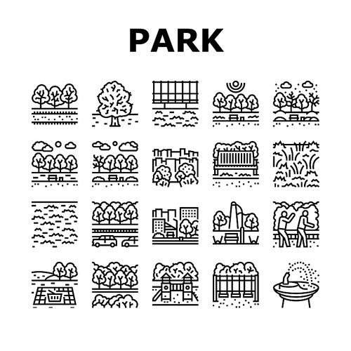 park meadow nature and playground icons set vector. park green leaves tree and bush, foliage forest wood and picnic grass lawn,  fountain and swing, bench and light black contour illustrations