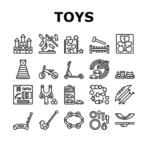 Wooden Toy For Children Play Time Icons Set Vector. Fishing Magnetic Game And Slingshot, Track For Playing With Car And Ring Stacker, Train And Puzzles Wooden Toy Black Contour Illustrations