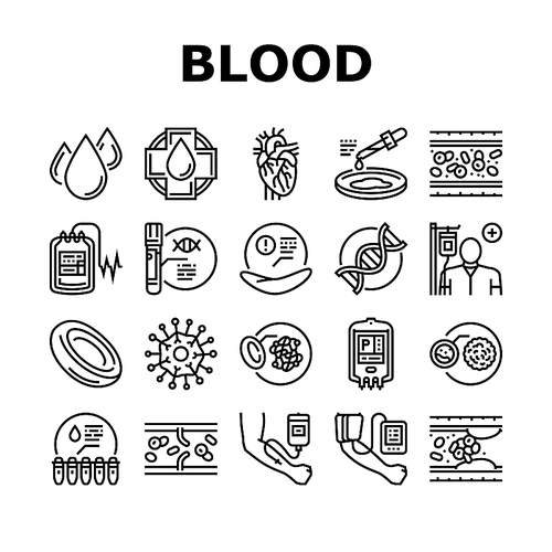 Blood Pressure Measuring Gadget Icons Set Vector. Blood Drop And Artery Vessel, Dna And Health Researchment And Laboratory Analyzing, Transfusion And Researchment Black Contour Illustrations