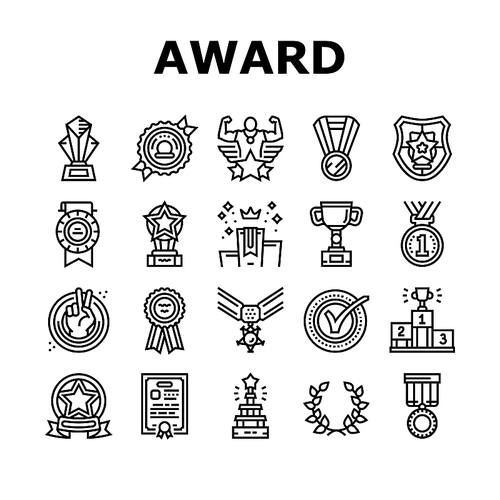 Award For Winner In Championship Icons Set Vector. Trophy Award In Form Star And Diploma Certificate For Win And Victory In Sportive Competition. Golden Medal And Cup Black Contour Illustrations
