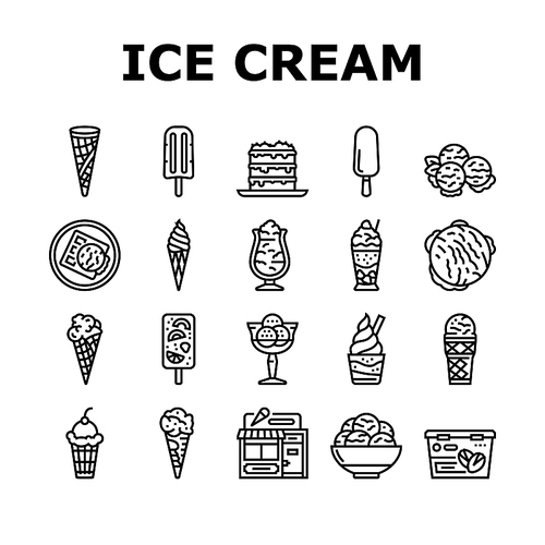 Ice Cream Delicious Dessert Food Icons Set Vector. Strawberry Cherry Fruit Ice Cream, Frozen Yogurt And Juice. Waffle Cone And Cake Sweet Nutrition With Chocolate Vanilla Black Contour Illustrations