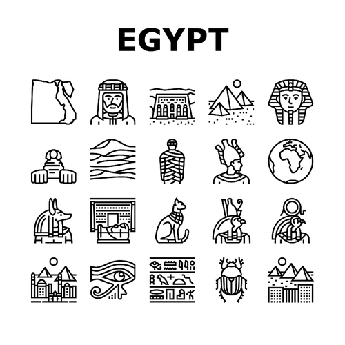 Egypt Country Monument Excursion Icons Set Vector. Egypt Pyramid And Sphinx Antique Construction, Pharaoh And Egyptian God, Hieroglyph And Desert, Abu Simbel And Giza City Black Contour Illustrations