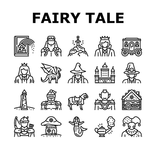 Fairy Tale Magical Story Book Icons Set Vector. Fairy Tale Witch And Goblin, Kingdom Castle Building Gingerbread House, Magic Dragon Animal And Horse, Djinn Lamp And Sword Black Contour Illustrations