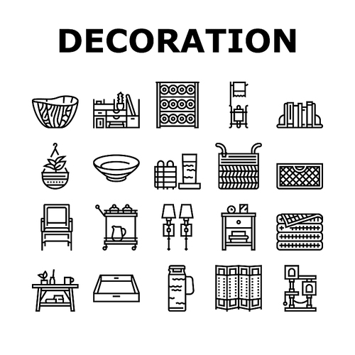 Home Decoration And Furniture Icons Set Vector. Bookends And Rattan Patio Home Decoration, Noodle And Wooden Bowl, Desktop Organizer And Mesh Basket. Room Divider Black Contour Illustrations