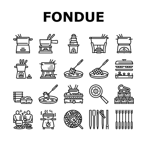 Fondue Cooking Delicious Meal Icons Set Vector. Cheese And Chocolate Tasty Dish Prepared In Warmer Kitchen Appliance Electronic Equipment. Preparing Raclette Food Black Contour Illustrations