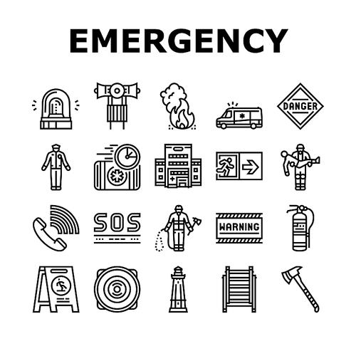 Emergency Helping In Accident Icons Set Vector. Policeman And Firefighter Urgency Help People, Bell Alarm And Ladder Equipment, First Aid Kit And Axe. Warning Sign Black Contour Illustrations