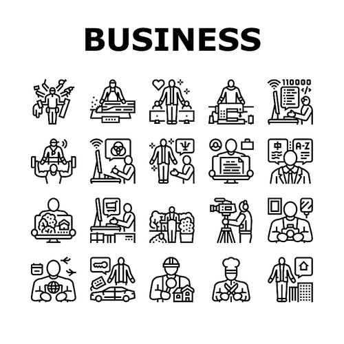 Small Business Worker Occupation Icons Set Vector. Personal Chef And Photographer, Home Inspector And Car Detailing Specialist, Property Manager Translator Small Business Black Contour Illustrations