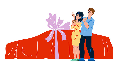 Boyfriend Present Girlfriend Car Surprise Vector. Man Presenting Woman Car Gift Decorated Festive Bow. Happy Characters Couple Won Automobile In Lottery Together Flat Cartoon Illustration