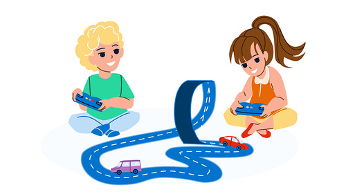 Boy And Girl Playing Car Tracks Together Vector. Preschooler Children Play Electronic Car Tracks Toy. Characters Kids Enjoying Automobile Race With Remote Control Flat Cartoon Illustration