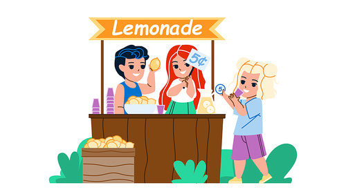 Children Selling Lemonade Drink Outdoor Vector. Boy And Girl Kids Preparing And Selling Lemonade Delicious And Sweet Beverage. Characters Schoolboy And Schoolgirl Flat Cartoon Illustration