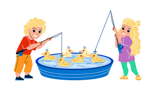 Duck Fishing Little Boy And Girl In Pool Vector. Preschooler Children Toy Duck Fishing With Rod In Basin. Characters Enjoying Amusement Park Or Fair Attraction Flat Cartoon Illustration