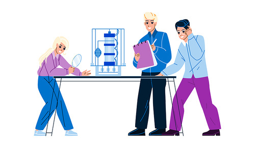 Engineering Laboratory Workers Developing Vector. In Engineering Laboratory Engineers Man And Woman Development And Researching Innovative Technology. Characters Flat Cartoon Illustration