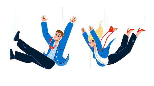 Falling Down Business People Man And Woman Vector. Businessman And Businesswoman In Formalwear Falling Togetherness. Characters Downfall In Professional Occupation Flat Cartoon Illustration