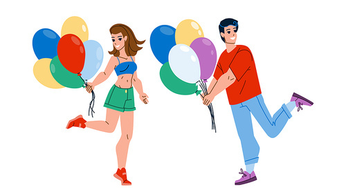Girl And Boy With Air Balloon On Party Vector. Happy Man And Woman Holding Helium Balloon And Enjoying On Birthday Or Holiday Festival. Characters Enjoyment Together Flat Cartoon Illustration