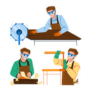 Joinery Man Working In Workshop With Tool Vector. Joinery Worker Work With Professional Instrument Saw And Planer At Workplace. Character Sawing Wooden Board Flat Cartoon Illustration
