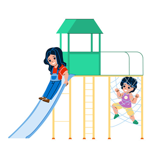On Jungle Gym Playing Children Boy And Girl Vector. Little Preschooler Kids Play And Enjoy Game On Jungle Gym. Characters Infant Resting On Playground Together Flat Cartoon Illustration