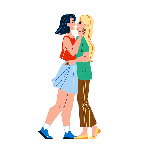 Lesbian Couple Kiss And Embrace Together Vector. Girls Lesbian Couple Kissing And Embracing Togetherness With Love. Characters Ladies Partnership And Relationship Flat Cartoon Illustration