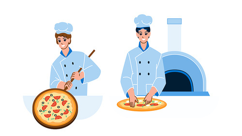 Pizzeria Workers Preparing Delicious Food Vector. Men On Pizzeria Restaurant Kitchen Cooking Tasty Pizza Together. Characters Guy Chefs Prepare Italian Dish Flat Cartoon Illustration