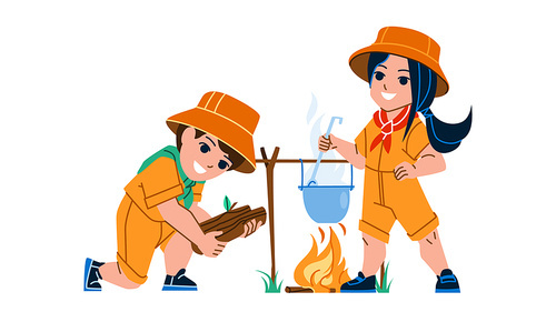 Scout Camp Resting Little Boy And Girl Vector. In Scout Camp Schoolboy And Schoolgirl Kindle Fire And Cooking Dish Together. Characters Children Enjoying Outdoor Flat Cartoon Illustration