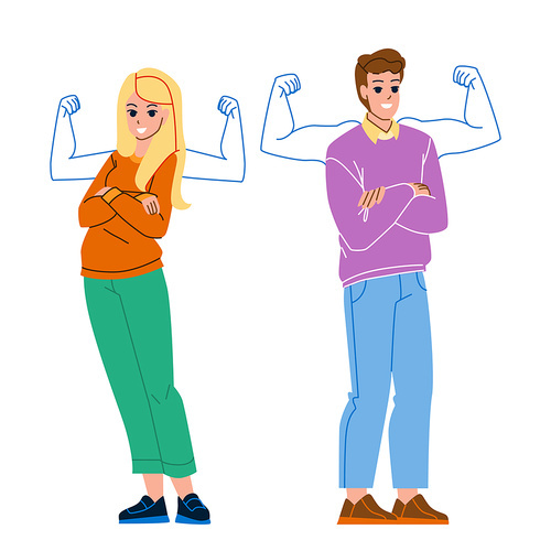 Self Confident Man And Woman Feeling Power Vector. Self Confident Businessman And Businesswoman Feel Strong Muscle. Characters Motivation And Strength Flat Cartoon Illustration