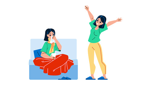 Sick And Healthy Girl Happiness After Ill Vector. Sickness Lady Sitting On Sofa And Treatment Disease, Healthy Happy Woman Enjoying Health And Life. Characters Flat Cartoon Illustration
