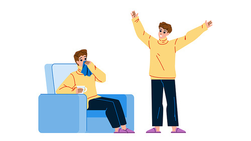 Sick And Healthy Man Happy After Illness Vector. Sick Man With Runny Nose Sitting In Armchair And Drinking Tea, Happiness Guy Resting After Disease Treatment. Characters Flat Cartoon Illustration