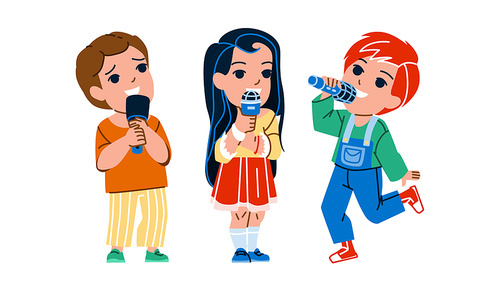 Boy And Girl Children Singing Song Together Vector. Schoolboy And Schoolgirl Kids Singing On Festival Party In Microphone. Happiness Characters Enjoyment And Relaxation Flat Cartoon Illustration