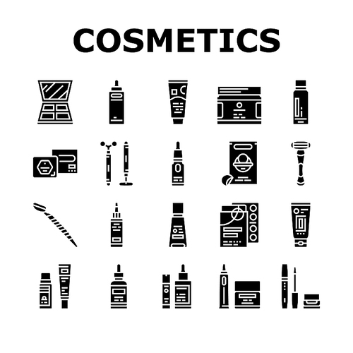 Cosmetics For Visage Skin Treat Icons Set Vector. Eyeshadow Palette And Face Oil, Solid Shampoo And Body Butter, Firming Serum Mattifying Cream Skincare Cosmetics Glyph Pictograms Black Illustrations