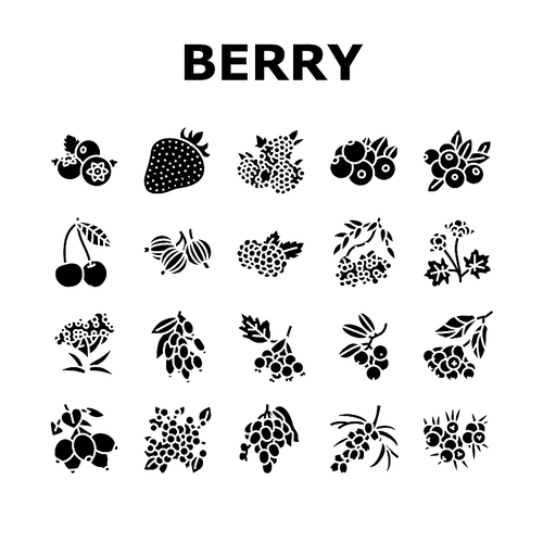 Berry Delicious And Vitamin Food Icons Set Vector. Huckleberry And Buckthorn Plant Branch, Juniper Raspberry, Cloudberry Cherry Berry, Juicy Gooseberry Blueberry Glyph Pictograms Black Illustrations