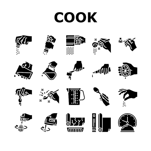 Cook Instruction For Prepare Meal Icons Set Vector. Butter Milk Add, Salt And Pepper Flavoring, Beater Whisk And Mixer Device Beating, Adding Lemon Juice Egg Glyph Pictograms Black Illustrations