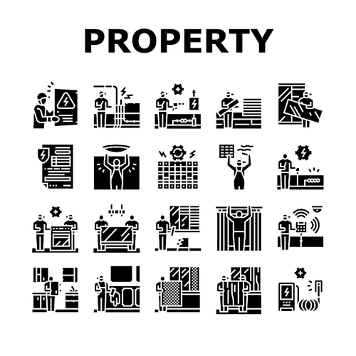 Property Maintenance And Repair Icons Set Vector. Property Furniture Fixing Electronic Appliance Installation, Kitchen Refurbishment, Windscreen Repairing Glyph Pictograms Black Illustrations