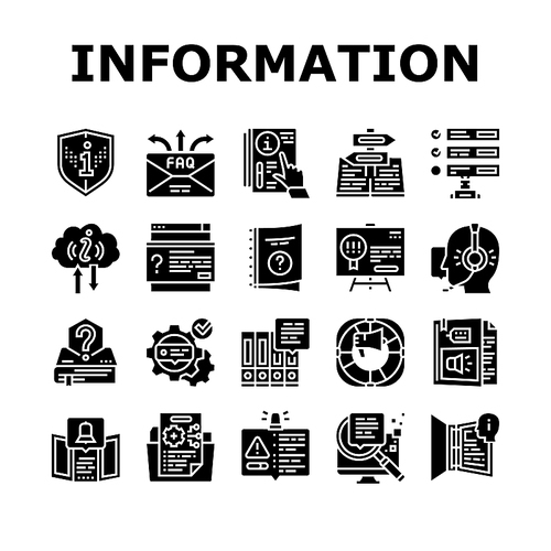 Information And Client Supporting Icons Set Vector. Brochure With Important Information Call Service Support Advice, Guidance Help, Handbook Literature Manual Book Glyph Pictograms Black Illustrations