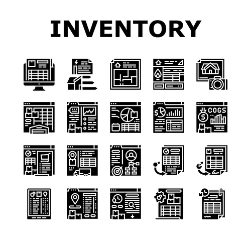 Inventory Analytics And Report Icons Set Vector. Inventory Movement Pending And History Reporting, Gas Safety And Energy Performance Certificates, Sales Purchase Glyph Pictograms Black Illustrations