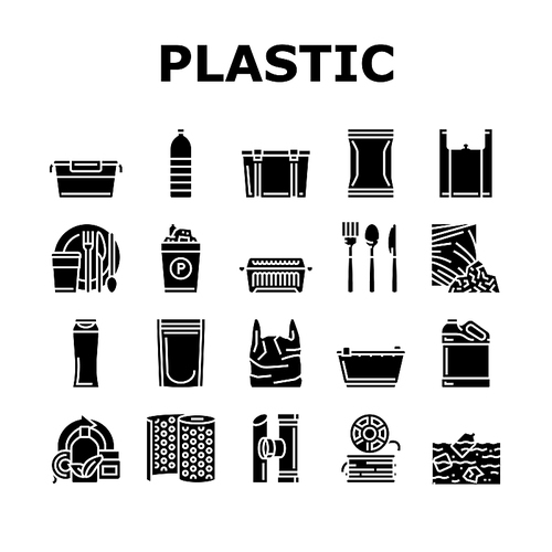 Plastic Accessories And Utensil Icons Set Vector. Plastic Food Container And Tableware, Shampoo Bottle And Canister, Used Polyethylene Bag Pouch, Spoon And Fork Glyph Pictograms Black Illustrations