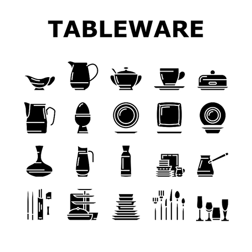 Tableware For Banquet Or Dinner Icons Set Vector. Plate For Meal And Cup Drink, Spoon And Fork, Glass Carafe Decanter Water Tableware. Kitchen Utensil Accessories Glyph Pictograms Black Illustrations