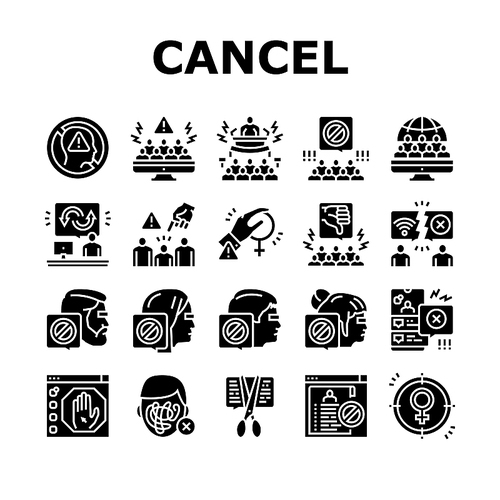 Cancel Culture And Discrimination Icons Set Vector. Cancel Male And Female Person, Backlash People Social Boycott Problem, Harassment And Sexism Society Reaction Glyph Pictograms Black Illustrations